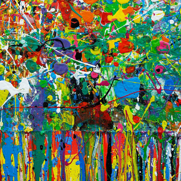 Zeitgenössisches Gemälde „RE 16“ mit kräftigen Farben und abstrakten Formen im Großformat (120 x 150 cm, Nahaufnahme). Teil der Serie „Reste eines Experiments“, gemalt 2024 vom Künstler Mark Hellbusch.