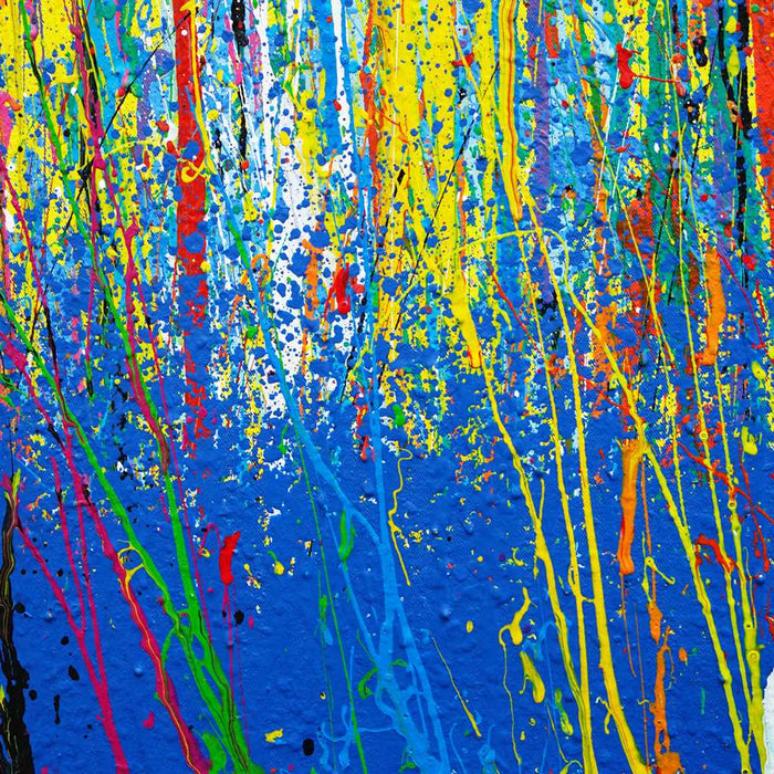 Zeitgenössisches Gemälde „RE 16“ mit kräftigen Farben und abstrakten Formen im Großformat (120 x 150 cm, Nahaufnahme). Teil der Serie „Reste eines Experiments“, gemalt 2024 vom Künstler Mark Hellbusch.