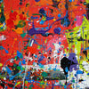 Zeitgenössisches Gemälde „RE 16“ mit kräftigen Farben und abstrakten Formen im Großformat (120 x 150 cm, Nahaufnahme). Teil der Serie „Reste eines Experiments“, gemalt 2024 vom Künstler Mark Hellbusch.