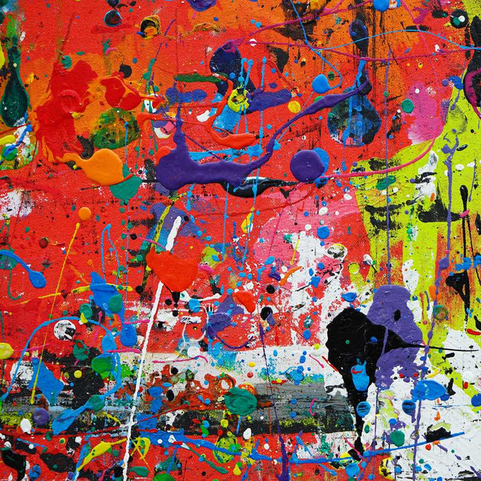 Zeitgenössisches Gemälde „RE 16“ mit kräftigen Farben und abstrakten Formen im Großformat (120 x 150 cm, Nahaufnahme). Teil der Serie „Reste eines Experiments“, gemalt 2024 vom Künstler Mark Hellbusch.