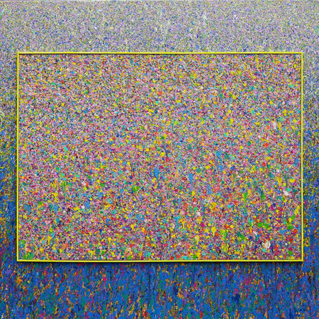 Buntes Gemälde „RE 17“ mit unzähligen farbigen Punkten auf 100x140 cm Leinwand. Teil der Serie „Reste eines Experiments“, inspiriert von „Organic Grounds“. Entstanden 2024, Künstler Mark Hellbusch