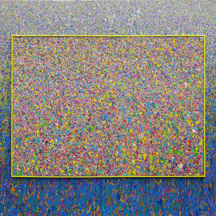 Buntes Gemälde „RE 17“ mit unzähligen farbigen Punkten auf 100x140 cm Leinwand. Teil der Serie „Reste eines Experiments“, inspiriert von „Organic Grounds“. Entstanden 2024, Künstler Mark Hellbusch