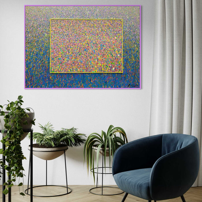 Buntes Gemälde „RE 17“ (in Situation) mit unzähligen farbigen Punkten auf 100x140 cm Leinwand. Teil der Serie „Reste eines Experiments“, inspiriert von „Organic Grounds“. Entstanden 2024, Künstler Mark Hellbusch