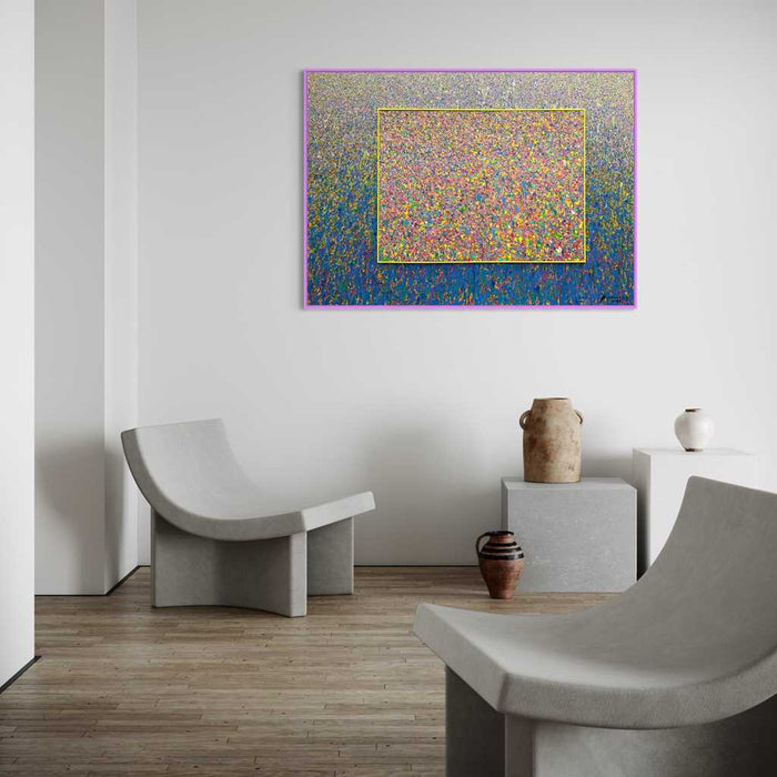 Buntes Gemälde „RE 17“ (in Situation) mit unzähligen farbigen Punkten auf 100x140 cm Leinwand. Teil der Serie „Reste eines Experiments“, inspiriert von „Organic Grounds“. Entstanden 2024, Künstler Mark Hellbusch