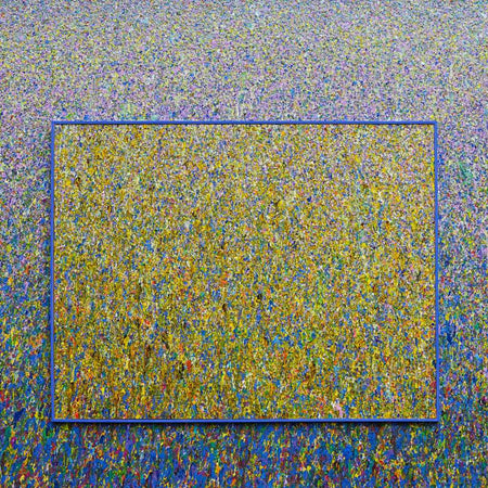 Großformatiges Gemälde „RE 18“ mit dichten Farbverläufen und Farbpunkten, 90x120 cm. Entstanden 2024. Teil der Serie „Reste eines Experiments“. Kostenfreier Versand. Künstler Mark Hellbusch