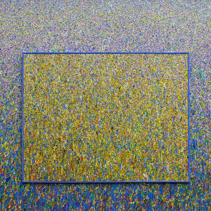 Großformatiges Gemälde „RE 18“ mit dichten Farbverläufen und Farbpunkten, 90x120 cm. Entstanden 2024. Teil der Serie „Reste eines Experiments“. Kostenfreier Versand. Künstler Mark Hellbusch