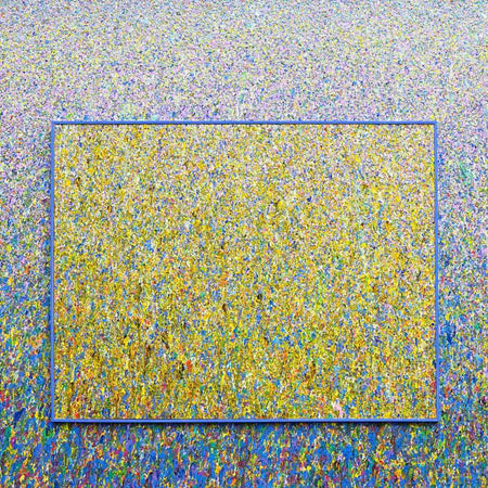 Großformatiges Gemälde „RE 18“ (Ausschnitt) mit dichten Farbverläufen und Farbpunkten, 90x120 cm. Entstanden 2024. Teil der Serie „Reste eines Experiments“. Kostenfreier Versand. Künstler Mark Hellbusch