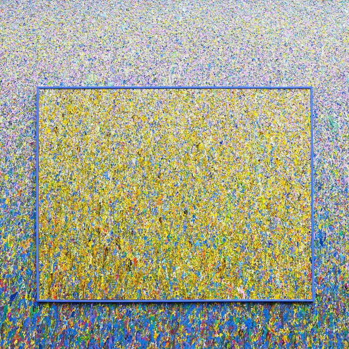 Großformatiges Gemälde „RE 18“ (Ausschnitt) mit dichten Farbverläufen und Farbpunkten, 90x120 cm. Entstanden 2024. Teil der Serie „Reste eines Experiments“. Kostenfreier Versand. Künstler Mark Hellbusch