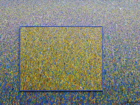 Großformatiges Gemälde „RE 18“ mit dichten Farbverläufen und Farbpunkten, 90x120 cm. Entstanden 2024. Teil der Serie „Reste eines Experiments“. Kostenfreier Versand. Künstler Mark Hellbusch