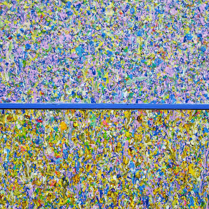 Großformatiges Gemälde „RE 18“ (Nahaufnahme) mit dichten Farbverläufen und Farbpunkten, 90x120 cm. Entstanden 2024. Teil der Serie „Reste eines Experiments“. Kostenfreier Versand. Künstler Mark Hellbusch
