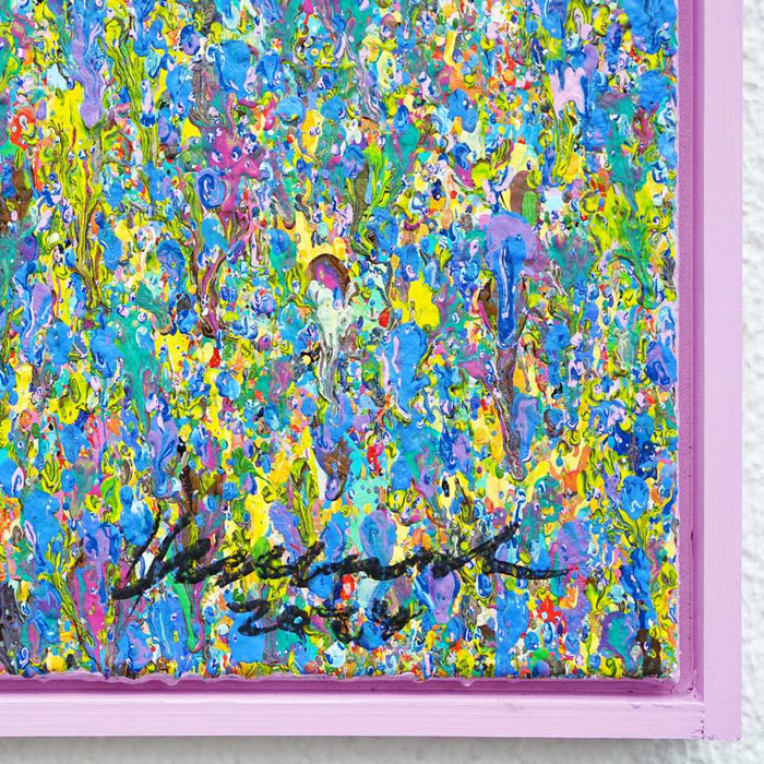 Großformatiges Gemälde „RE 18“ (Nahaufnahme) mit dichten Farbverläufen und Farbpunkten, 90x120 cm. Entstanden 2024. Teil der Serie „Reste eines Experiments“. Kostenfreier Versand. Künstler Mark Hellbusch