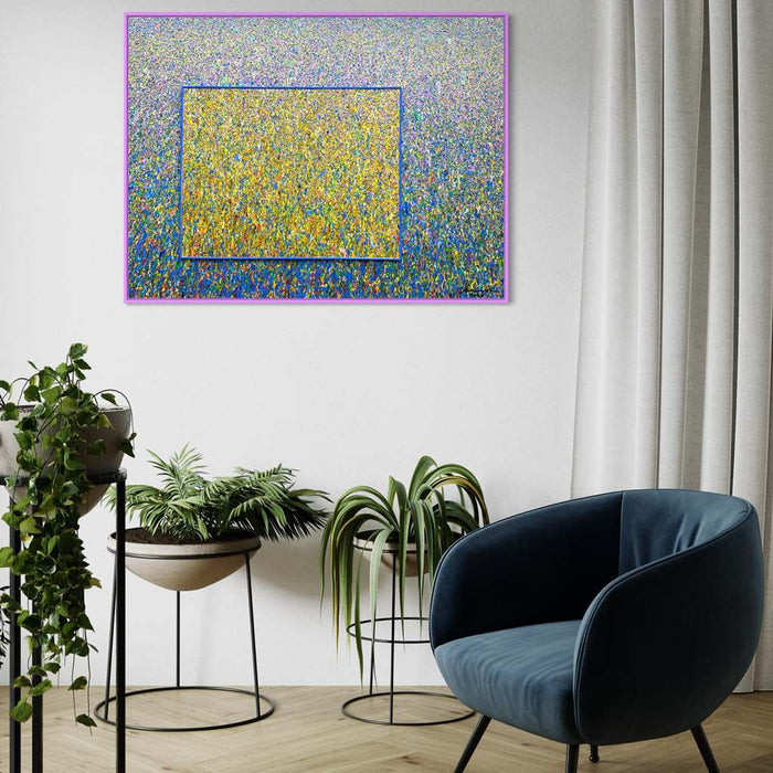 Großformatiges Gemälde „RE 18“ (in Situation) mit dichten Farbverläufen und Farbpunkten, 90x120 cm. Entstanden 2024. Teil der Serie „Reste eines Experiments“. Kostenfreier Versand. Künstler Mark Hellbusch
