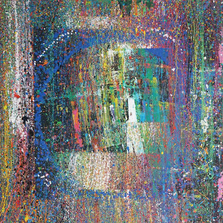 XXL-Gemälde „RE 19“. Bunte Farben auf schwarzem Hintergrund 210x150 cm, aus der Kollektion „Reste eines Experiments“. Künstler Mark Hellbusch