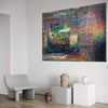 XXL-Gemälde „RE 19“ (in Situation). Bunte Farben auf schwarzem Hintergrund 210x150 cm, aus der Kollektion „Reste eines Experiments“. Künstler Mark Hellbusch