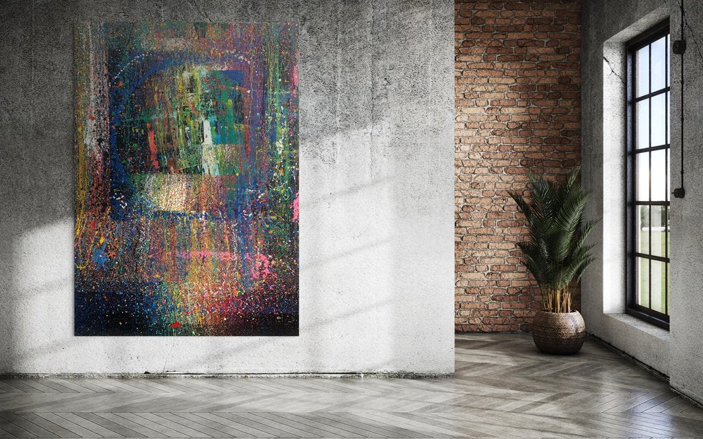 XXL-Gemälde „RE 19“ (in Situation). Bunte Farben auf schwarzem Hintergrund 210x150 cm, aus der Kollektion „Reste eines Experiments“. Künstler Mark Hellbusch