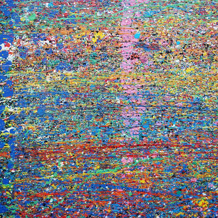 XXL-Gemälde „RE 19“ (Nahaufnahme). Bunte Farben auf schwarzem Hintergrund 210x150 cm, aus der Kollektion „Reste eines Experiments“. Künstler Mark Hellbusch