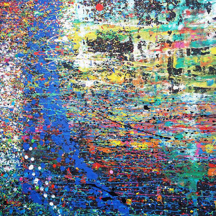 XXL-Gemälde „RE 19“ (Nahaufnahme). Bunte Farben auf schwarzem Hintergrund 210x150 cm, aus der Kollektion „Reste eines Experiments“. Künstler Mark Hellbusch