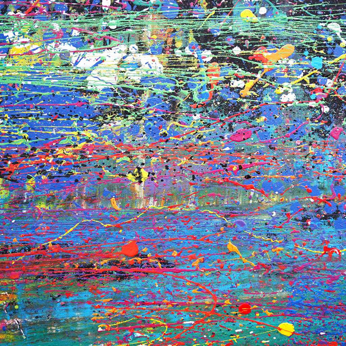 XXL-Gemälde „RE 19“ (Nahaufnahme). Bunte Farben auf schwarzem Hintergrund 210x150 cm, aus der Kollektion „Reste eines Experiments“. Künstler Mark Hellbusch
