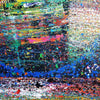 XXL-Gemälde „RE 19“ (Nahaufnahme). Bunte Farben auf schwarzem Hintergrund 210x150 cm, aus der Kollektion „Reste eines Experiments“. Künstler Mark Hellbusch