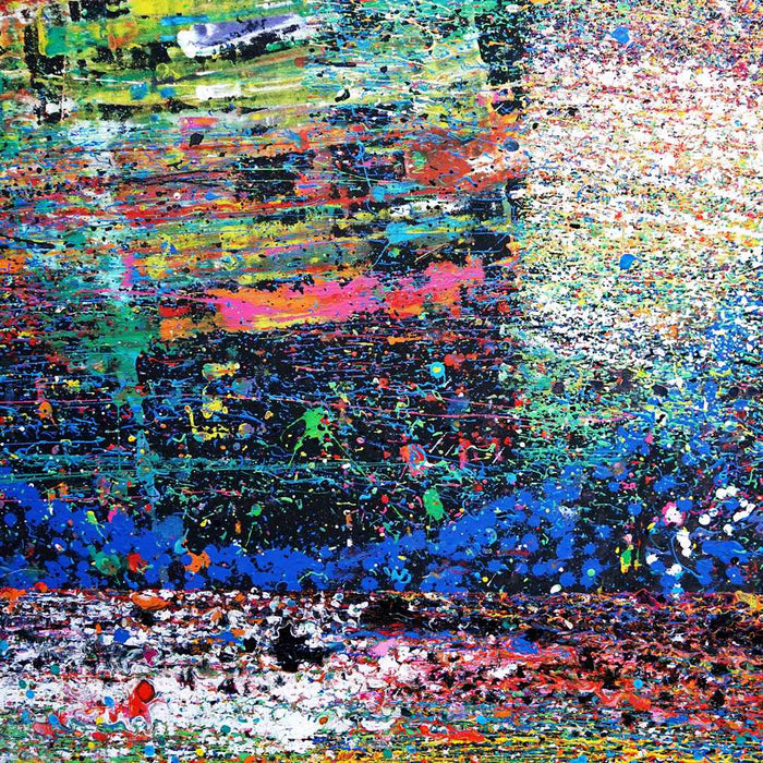 XXL-Gemälde „RE 19“ (Nahaufnahme). Bunte Farben auf schwarzem Hintergrund 210x150 cm, aus der Kollektion „Reste eines Experiments“. Künstler Mark Hellbusch