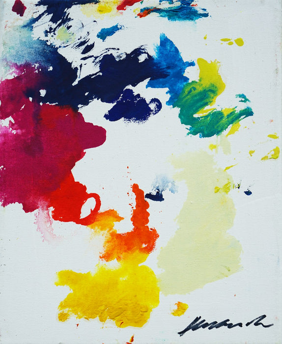 RE 22 zeigt spontane, farbige Spuren auf weißem Grund – ein abstraktes Werk mit roten, gelben, blauen und grünen Farbflächen auf Leinwand, 30x24cm, 2025. Atelier Hellbusch.