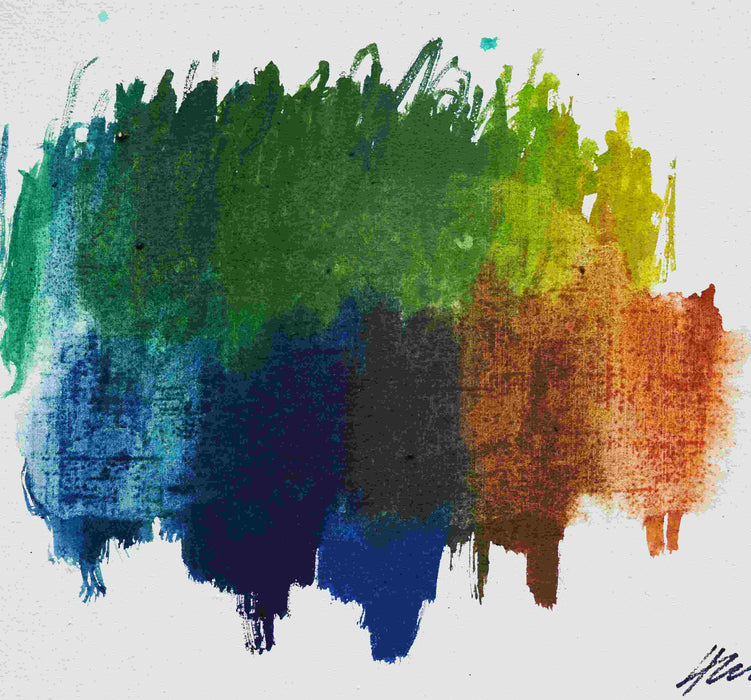 Abstraktes Gemälde RE 24 – horizontales Farbspektrum in Grün, Blau, Ocker und Rotbraun auf weißem Hintergrund, 40x30 cm, 2025. Atelier Hellbusch