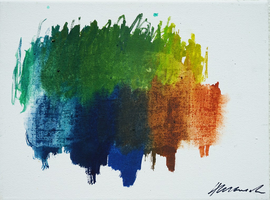 Abstraktes Gemälde RE 24 – horizontales Farbspektrum in Grün, Blau, Ocker und Rotbraun auf weißem Hintergrund, 40x30 cm, 2025. Atelier Hellbusch