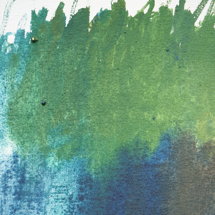 Abstraktes Gemälde RE 24 – horizontales Farbspektrum in Grün, Blau, Ocker und Rotbraun auf weißem Hintergrund, 40x30 cm, 2025 (Ausschnitt). Atelier Hellbusch