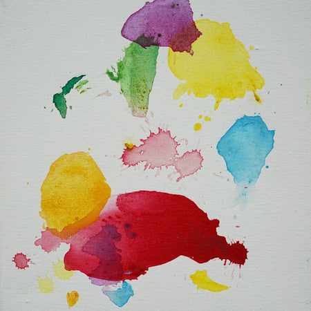 Abstraktes Gemälde mit bunten Farbresten, aus denen sich das Porträt eines Clowns andeutet, Acryl auf Leinwand, 30 x 24 cm. Atelier Hellbusch.