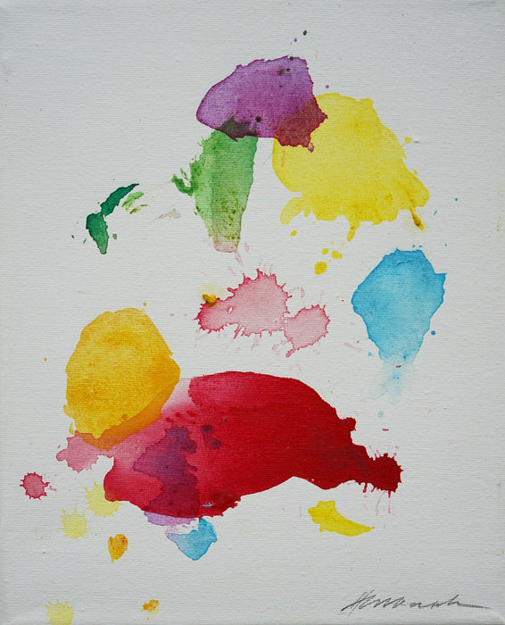 Abstraktes Gemälde mit bunten Farbresten, aus denen sich das Porträt eines Clowns andeutet, Acryl auf Leinwand, 30 x 24 cm. Atelier Hellbusch.