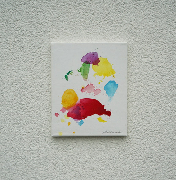 Abstraktes Gemälde mit bunten Farbresten, aus denen sich das Porträt eines Clowns andeutet, Acryl auf Leinwand, 30 x 24 cm (in situ). Atelier Hellbusch.