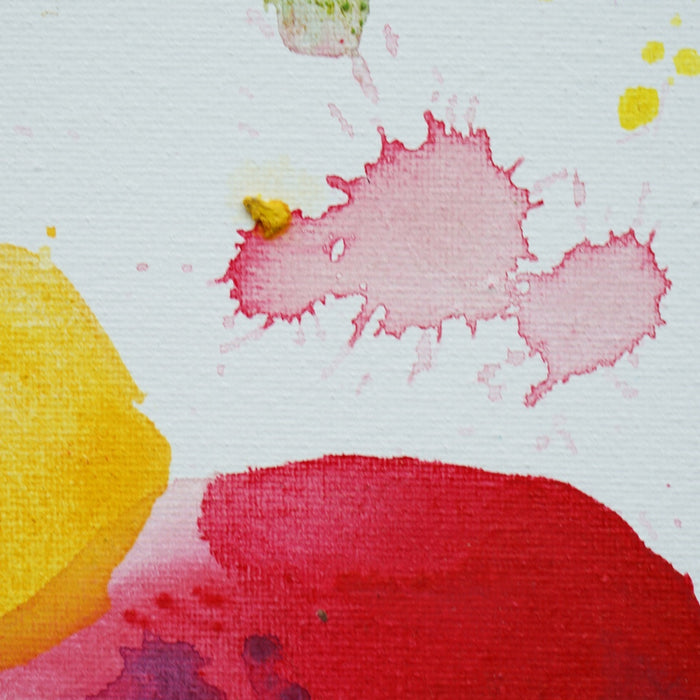 Abstraktes Gemälde mit bunten Farbresten, aus denen sich das Porträt eines Clowns andeutet, Acryl auf Leinwand, 30 x 24 cm (Nahaufnahme). Atelier Hellbusch.