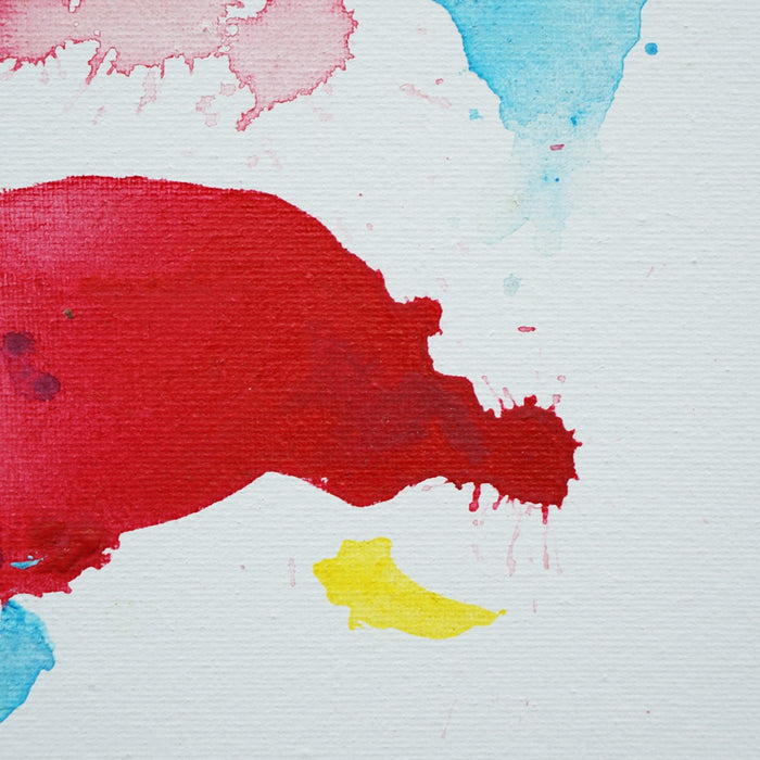 Abstraktes Gemälde mit bunten Farbresten, aus denen sich das Porträt eines Clowns andeutet, Acryl auf Leinwand, 30 x 24 cm (Nahaufnahme). Atelier Hellbusch.