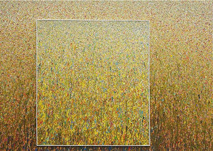 RE3 ist ein ein Kunstwerk bestehend aus zwei Gemälden aus der Reihe "Organic Grounds". Viele helle bunte Farbpunkte verwandeln sich nach unten hin in Farbstriche. Sie werden in ihrer Farblichkeit auch kräftiger: Braun, Gelb, Orange, Ocker und Blau sind zu sehen. Die aufeinander geklebte Bilder sind beide weiß eingerahmt. Zeitgenössische Kunst. ARTLET | Atelier Hellbusch