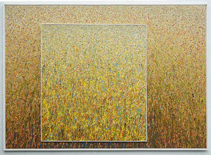 RE3 ist ein ein Kunstwerk bestehend aus zwei Gemälden aus der Reihe "Organic Grounds". Viele helle bunte Farbpunkte verwandeln sich nach unten hin in Farbstriche. Sie werden in ihrer Farblichkeit auch kräftiger: Braun, Gelb, Orange, Ocker und Blau sind zu sehen. Die aufeinander geklebte Bilder sind beide weiß eingerahmt. Zeitgenössische Kunst. ARTLET | Atelier Hellbusch