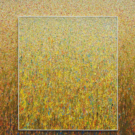 RE3 ist ein Kunstwerk bestehend aus zwei "Organic Grounds". Viele helle bunte Farbpunkte verwandeln sich nach unten hin in Farbstriche. Sie werden in ihrer Farblichkeit auch kräftiger: Braun, Gelb, Orange, Ocker und Blau sind zu sehen. Die aufeinander geklebte Bilder sind beide weiß eingerahmt. Zeitgenössische Kunst. ARTLET - Atelier Hellbusch