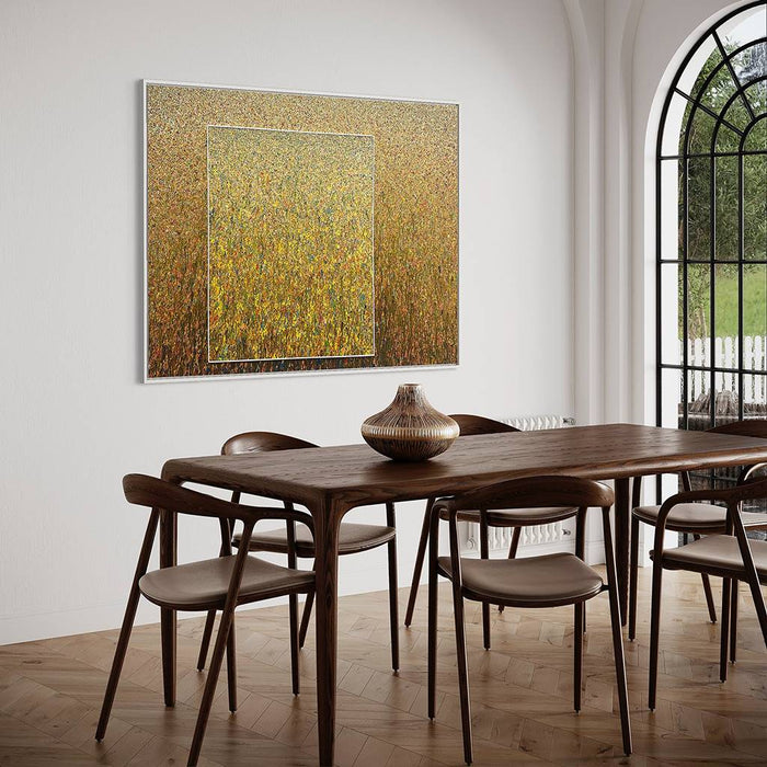 RE3 ist ein Kunstwerk bestehend aus zwei "Organic Grounds" (in Situation). Viele helle bunte Farbpunkte verwandeln sich nach unten hin in Farbstriche. Sie werden in ihrer Farblichkeit auch kräftiger: Braun, Gelb, Orange, Ocker und Blau sind zu sehen. Die aufeinander geklebte Bilder sind beide weiß eingerahmt. Zeitgenössische Kunst. ARTLET - Atelier Hellbusch