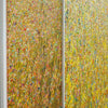 RE3 ist ein Kunstwerk bestehend aus zwei "Organic Grounds" (Seitenansicht). Viele helle bunte Farbpunkte verwandeln sich nach unten hin in Farbstriche. Sie werden in ihrer Farblichkeit auch kräftiger: Braun, Gelb, Orange, Ocker und Blau sind zu sehen. Die aufeinander geklebte Bilder sind beide weiß eingerahmt. Zeitgenössische Kunst. ARTLET - Atelier Hellbusch