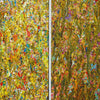 RE3 ist ein Kunstwerk bestehend aus zwei "Organic Grounds" (Nahaufnahme). Viele helle bunte Farbpunkte verwandeln sich nach unten hin in Farbstriche. Sie werden in ihrer Farblichkeit auch kräftiger: Braun, Gelb, Orange, Ocker und Blau sind zu sehen. Die aufeinander geklebte Bilder sind beide weiß eingerahmt. Zeitgenössische Kunst. ARTLET - Atelier Hellbusch