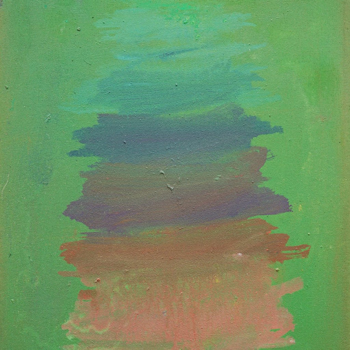 Abstraktes Gemälde „RE 30“ von Mark Hellbusch, Öl auf Leinwand, 40 × 30 cm, grüne Grundfläche mit horizontal geschichteten Blau-, Grau- und Erdtönen, reduzierte experimentelle Oberfläche.