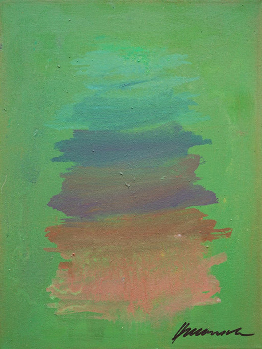 Abstraktes Gemälde „RE 30“ von Mark Hellbusch, Öl auf Leinwand, 40 × 30 cm, grüne Grundfläche mit horizontal geschichteten Blau-, Grau- und Erdtönen, reduzierte experimentelle Oberfläche.