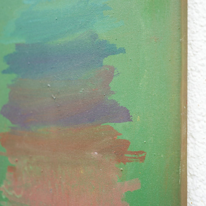 Abstraktes Gemälde „RE 30“ von Mark Hellbusch, Öl auf Leinwand, 40 × 30 cm, grüne Grundfläche mit horizontal geschichteten Blau-, Grau- und Erdtönen, reduzierte experimentelle Oberfläche (Seite).