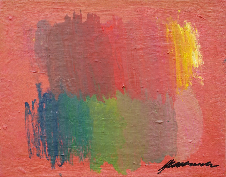 Abstraktes Gemälde „RE 31“ von Mark Hellbusch, Öl auf Leinwand, 40 × 30 cm, roséfarbener Grund mit grünen, blauen und gelben Farbfeldern, experimentelle Oberfläche.