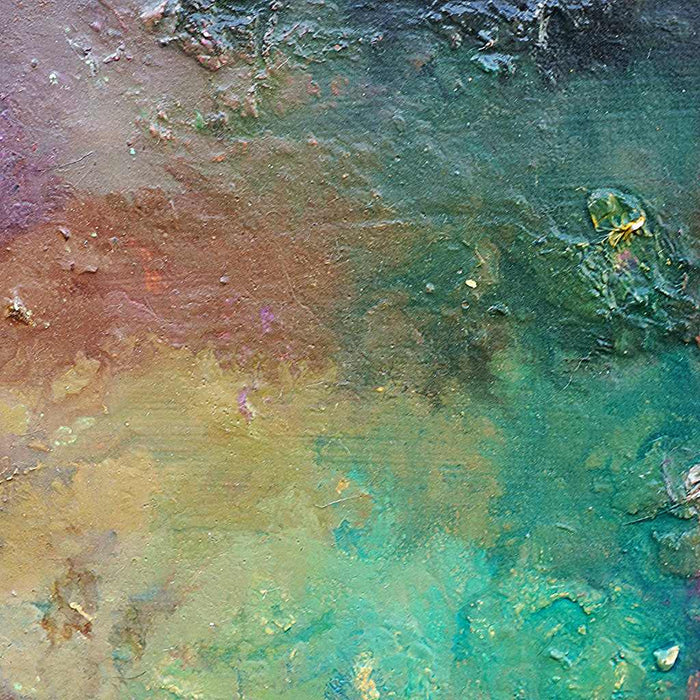 Abstraktes Gemälde „RE 33“ von Mark Hellbusch, Öl auf Leinwand, 30 × 24 cm, dunkle Farbschichten mit grünen und ockerfarbenen Akzenten, experimentelle Oberfläche (Ausschnitt).