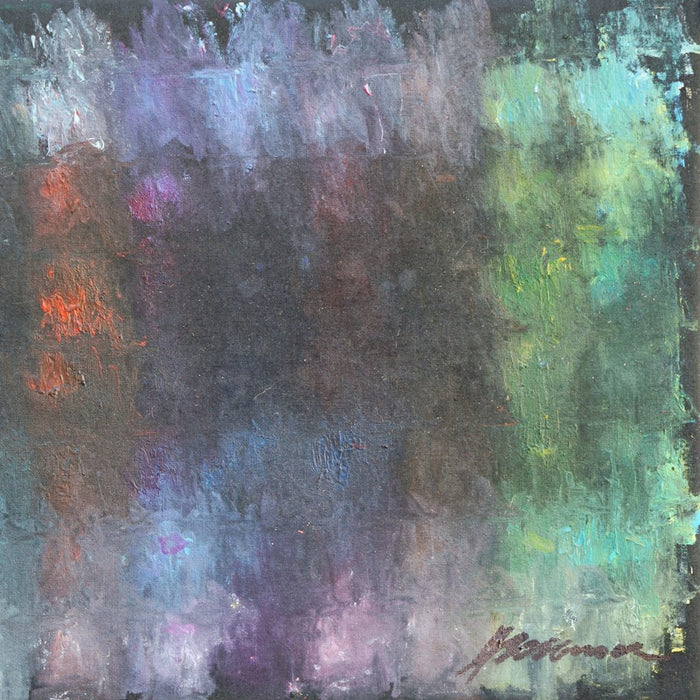 Abstraktes Gemälde „RE 34“ von Mark Hellbusch, Öl auf Leinwand, 30 × 24 cm, gedämpfte Grün-, Blau- und Violetttöne, vielschichtige experimentelle Oberfläche.