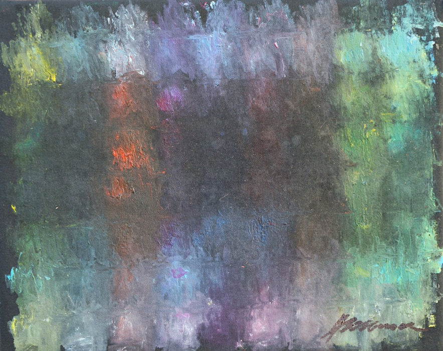 Abstraktes Gemälde „RE 34“ von Mark Hellbusch, Öl auf Leinwand, 30 × 24 cm, gedämpfte Grün-, Blau- und Violetttöne, vielschichtige experimentelle Oberfläche.