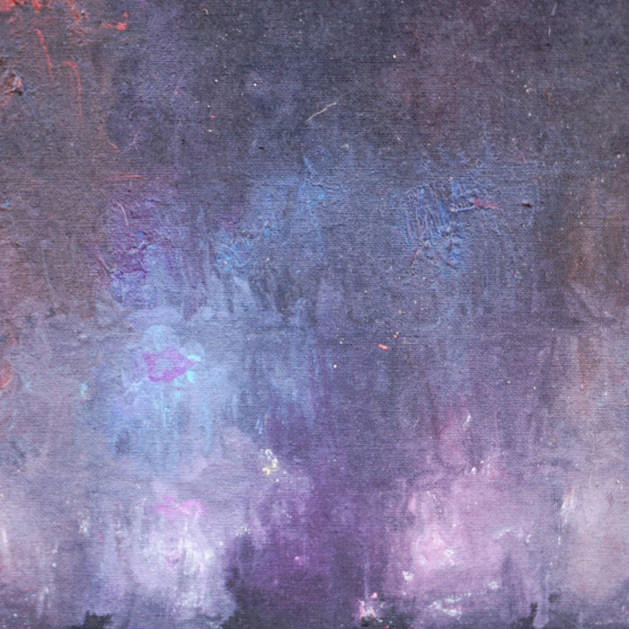 Abstraktes Gemälde „RE 34“ von Mark Hellbusch, Öl auf Leinwand, 30 × 24 cm, gedämpfte Grün-, Blau- und Violetttöne, vielschichtige experimentelle Oberfläche.