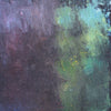 Abstraktes Gemälde „RE 34“ von Mark Hellbusch, Öl auf Leinwand, 30 × 24 cm, gedämpfte Grün-, Blau- und Violetttöne, vielschichtige experimentelle Oberfläche (Ausschnitt).