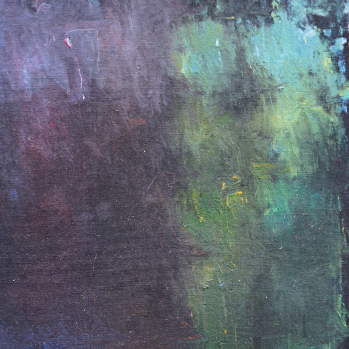 Abstraktes Gemälde „RE 34“ von Mark Hellbusch, Öl auf Leinwand, 30 × 24 cm, gedämpfte Grün-, Blau- und Violetttöne, vielschichtige experimentelle Oberfläche (Ausschnitt).