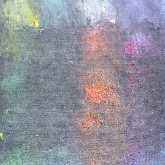 Abstraktes Gemälde „RE 34“ von Mark Hellbusch, Öl auf Leinwand, 30 × 24 cm, gedämpfte Grün-, Blau- und Violetttöne, vielschichtige experimentelle Oberfläche (Ausschnitt).